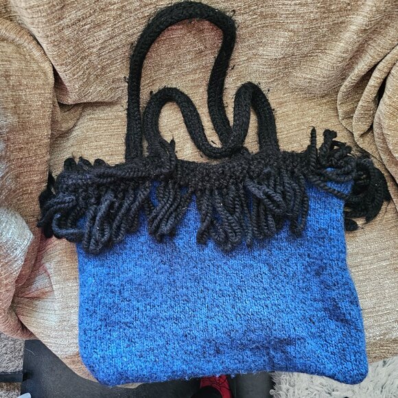 Cute Women's Knit Tote Purse Blue with Black Trim - Picture 2 of 3